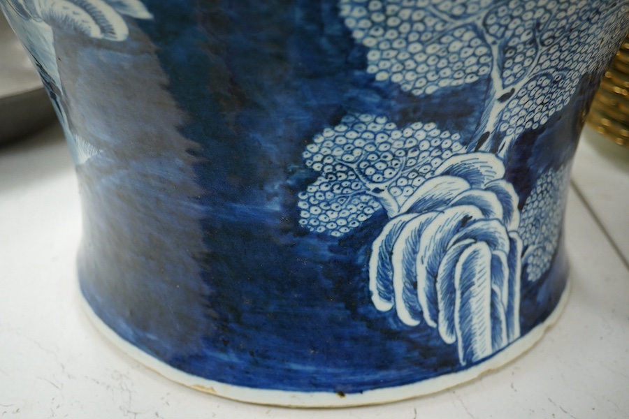 A large 19th century Chinese blue and white vase with cover, 63cm high. Condition - restored